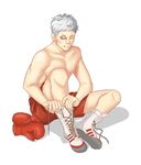  1boy bandage black_eye boots boxing_gloves bruise gloves_removed grey_hair highres injury male_focus megami_tensei persona persona_3 sanada_akihiko shadow shin_megami_tensei shirtless shoes shorts simple_background sitting solo toothyfangs tying_shoes 