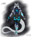  2015 absurd_res armor belt big_breasts black_sclera bounty_hunter breasts cybernetics cyborg dragon female futuristic glowing gun handgun hi_res horn jeffthehusky long_tail machine pistol ranged_weapon red_eyes reptile scalie science_fiction serena_volaan solo standing weapon 
