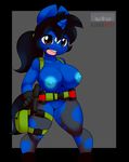  2015 anthro big_breasts black_hair blue_nipples breasts brown_eyes clothed clothing cosplay equine erect_nipples fan_character female hair horn klodette kloudmutt mammal metal_gear my_little_pony nipples open_mouth ponytail pussy solo unicorn video_games 