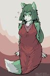 1girl copyright_request dog erect_nipples furry green_hair long_hair paru simple_background solo 