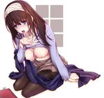  black_legwear blue_eyes blush breasts brown_hair cum cum_in_mouth cum_on_tongue cumdrip hairband idolmaster idolmaster_cinderella_girls jewelry large_breasts long_hair necklace nipples open_mouth ouma_tokiichi pantyhose sagisawa_fumika scarf scarf_removed shirt_lift sitting skirt solo sweat tears thighband_pantyhose tongue tongue_out yokozuwari 