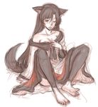  animal_ears bare_shoulders barefoot black_legwear breasts brooch brown_hair cleavage collar_tug collarbone feet full_body fur imaizumi_kagerou jewelry kuro_suto_sukii limited_palette long_hair long_sleeves medium_breasts off_shoulder red_eyes shirt sitting sketch skirt soles solo tail thighhighs toenail_polish toenails toes tongue tongue_out touhou very_long_hair wide_sleeves wolf_ears wolf_tail 