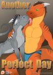  2015 anthro black_scales black_skin black_stripes blue_eyes briefs brown_scales brown_skin brown_stripes claws clothed clothing comic cover dragon eye_contact furries_with_pets green_eyes grey_skin half-dressed horn licking male nude orange_skin pet portrait scalie sitting tongue tongue_out topless underwear wemd 