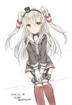  amatsukaze_(kantai_collection) brown_eyes dress garter_straps gloves kantai_collection long_hair sailor_dress silver_hair simple_background single_glove sitting solo striped thighhighs two_side_up v_arms wataame27 white_background 