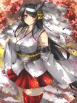  autumn bare_shoulders black_hair breasts commentary_request detached_sleeves en_(paorasuteki) floral_print fusou_(kantai_collection) hair_ornament hairband highres kantai_collection large_breasts long_hair nontraditional_miko petals red_eyes solo 