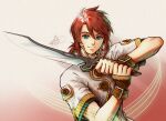  1boy artist_name bangs brown_gloves buttons closed_mouth fingerless_gloves gloves green_eyes high_collar highres holding holding_sword holding_weapon jacket looking_at_viewer luke_fon_fabre male_focus michelle_kristolia red_hair short_hair short_sleeves signature smile solo sword tales_of_(series) tales_of_the_abyss upper_body weapon white_jacket 