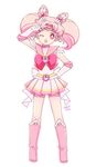  2015 bad_id bad_pixiv_id bishoujo_senshi_sailor_moon boots bow brooch chibi_usa choker dated double_bun elbow_gloves full_body gloves hair_ornament hairpin hand_on_hip heart heart_choker jewelry knee_boots magical_girl multicolored multicolored_clothes multicolored_skirt one_eye_closed pink_footwear pink_hair pink_sailor_collar pleated_skirt red_bow red_eyes sailor_chibi_moon sailor_collar sailor_senshi_uniform saki_(hxaxcxk) short_hair signature skirt smile solo standing super_sailor_chibi_moon tiara twintails v white_background white_gloves 