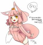  2015 alternate_color animal_ears blush breasts cleavage_cutout dated eyebrows fox_ears fox_tail kedamaton kogetsu_tooka looking_at_viewer medium_breasts meme_attire open-chest_sweater original pink_hair ribbed_sweater simple_background sketch solo sweater tail translation_request white_background yellow_eyes 