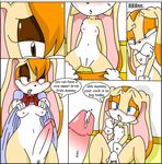  blue_eyes blush breasts brown_eyes clitoris clothing comic cream_the_rabbit cum dialogue dress gloves herm intersex nipples open_mouth penis perverted_bunny pussy shirt_cuffs sonic_(series) sweat vanilla_the_rabbit 