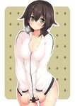  black_hair blush body_mahattaya_ginga bottomless breasts breath cleavage commentary_request covering covering_crotch green_eyes hayasui_(kantai_collection) jacket jacket_tug kantai_collection large_breasts long_sleeves looking_at_viewer naked_track_jacket open_mouth short_hair solo track_jacket turtleneck zipper 