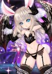  \m/ animal_ears arms_up bat_wings blue_eyes boots bunny_ears bustier curly_hair demon_girl elbow_gloves elin_(tera) flat_chest garter_belt gloves highleg highleg_panties lace lace-trimmed_garter_belt lace-trimmed_thighhighs long_hair lucia_(sakuraneko37) midriff navel panties silver_hair solo succubus symbol-shaped_pupils tail tera_online thigh_boots thighhighs underwear wings 