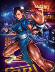  boots bracelet breasts brown_hair bun_cover cheekbones china_dress chinese_clothes chun-li cristian_melian double_bun dress fighting_stance foreshortening highres jewelry large_breasts muscle muscular_female pantyhose pelvic_curtain realistic sash spiked_bracelet spikes street_fighter thick_thighs thighs 