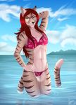  bikini clothing delilittle feline female fur grey_fur hair hand_behind_head hand_on_hip long_hair looking_at_viewer mammal navel orange_eyes partially_submerged red_hair solo standing stripes swimsuit water 