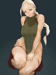  ahoge alternate_breast_size bad_id bad_pixiv_id blue_eyes boots braid breasts cammy_white combat_boots covered_nipples forehead full_body green_leotard harness highleg highleg_leotard highres huge_ahoge kneeling large_breasts leotard lips long_hair mumaya no_hat no_headwear scar solo street_fighter street_fighter_v thigh_gap twin_braids unaligned_breasts 