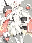  airfield_hime ankle_boots boots breasts horns kantai_collection long_hair looking_at_viewer medium_breasts midriff navel ninimo_nimo open_mouth orange_eyes sharp_teeth shinkaisei-kan solo teeth tongue tongue_out white_footwear white_hair white_skin 
