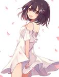  :d black_hair brown_eyes covering covering_ass dress from_behind haguro_(kantai_collection) hair_ornament hand_on_own_chest highres kantai_collection looking_back open_mouth petals short_hair shugao smile solo sundress 