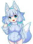  animal_ears belly blue_eyes blue_hair blush breasts eyebrows fox_ears fox_tail highres kedamaton kogetsu_tooka looking_at_viewer medium_breasts open_mouth original plump ribbed_sweater simple_background smile solo sweater tail 