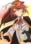 blazblue blush bow brown_eyes brown_hair cape celica_a_mercury happy_birthday hyakuhachi_(over3) navel ponytail ragna_the_bloodedge smile solo tears teeth 