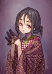 black_gloves black_hair gloves highres japanese_clothes kimono lace lace_gloves mole mole_under_mouth original purple_eyes solo suzuno_(bookshelf) tied_hair 