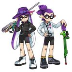  1girl badge belt bike_shorts bucket_hat button_badge domino_mask e-liter_3k_(splatoon) full_body glasses hand_on_hip hat inkling jacket leather leather_jacket mask matching_outfit pointy_ears ponytail purple_hair red_eyes scope shoes sidelocks simple_background sneakers splat_charger_(splatoon) splatoon_(series) splatoon_1 standing tentacle_hair white_background wong_ying_chee 