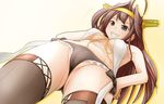  black_eyes boots breasts brown_hair cameltoe covered_nipples crotch double_bun dutch_angle from_below gradient gradient_background grin hairband hands_on_hips kantai_collection kongou_(kantai_collection) long_hair medium_breasts micro_panties no_bra nontraditional_miko orange_background panties smile solo takacchi thigh_boots thighhighs thighs underboob underwear 
