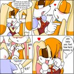  &lt;3 blue_eyes blush brown_eyes bulge clothing comic cream_the_rabbit dialogue dress female gloves nipples open_mouth perverted_bunny shirt_cuffs sonic_(series) sweat vanilla_the_rabbit 
