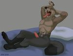  2015 animal_genitalia anthro bed bedroom brown_fur canine canine_penis erection eyes_closed fur grey_fur ifus male mammal morning_wood nude penis solo stretching tongue tongue_out waking_up wolf 