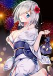  aerial_fireworks bag blue_eyes blush breasts cleavage fireworks flower food hair_flower hair_ornament hair_over_one_eye hairclip hamakaze_(kantai_collection) handbag holding ikayaki japanese_clothes kantai_collection kimono large_breasts open_mouth rei_(rei's_room) short_hair silver_hair solo squid yukata 