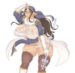  black_hair breasts breath brown_eyes brown_legwear cameltoe curvy gloves heavy_breathing highres horn horns huge_breasts jon_henry_nam long_hair original pubic_hair see-through simple_background solo sweat thick_thighs thighhighs thighs white_background white_gloves 