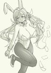  breasts bunny_girl bunny_tail bunnysuit card cleavage detached_collar fishnet_pantyhose fishnets gloves high_heels highres huge_breasts long_hair love_live! love_live!_school_idol_project low_twintails pantyhose pas_(paxiti) sketch solo standing standing_on_one_leg tail toujou_nozomi twintails 
