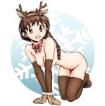  1girl animal_costume animal_ears antlers ass bell bell_collar blush braid breasts brown_eyes brown_hair brown_legwear butt_crack christmas collar girls_und_panzer gloves looking_at_viewer medium_breasts nipples nude open_mouth ponytail reindeer_antlers reindeer_costume reindeer_ears rukuriri simple_background smile snowflake_background snowflakes solo tail thighhighs underwear white_background 