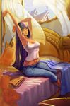  1girl book breasts denim eyes_closed hip_tattoo jeans long_hair midriff multicolored_hair my_little_pony my_little_pony_friendship_is_magic navel pants personification pink_hair purple_eyes purple_hair sitting solo streaked_hair tattoo twilight_sparkle 