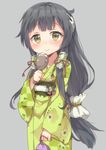  black_hair blush brown_eyes furisode grey_background hair_ornament hair_tubes japanese_clothes kantai_collection kimono long_hair looking_at_viewer low-tied_long_hair mizuho_(kantai_collection) obi re_no_ayu rice_spoon sash scrunchie sidelocks simple_background smile solo 