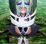  1girl dark_skin highres lilith_(monster_musume) monster_girl monster_musume_no_iru_nichijou shorts sitting smile solo spider_web stitched tied tied_up web 