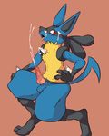  2015 animal_genitalia anthro balls black_fur blue_fur canine canine_penis crouching cum cum_on_face cum_on_own_face cum_on_self cumshot darkluxia digitigrade erection fangs fur hands-free knot looking_at_viewer lucario male mammal nintendo open_mouth orgasm penis pok&eacute;mon red_eyes sheath side_view simple_background solo spikes tongue tongue_out video_games yellow_fur 
