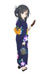  alternate_costume asashio_(kantai_collection) back bag black_hair blue_eyes chocolate_banana geta japanese_clothes kantai_collection kimono long_hair obi sash smile smokestack solo torpedo tun yukata 