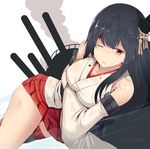  black_hair blood blood_on_face breasts cleavage fusou_(kantai_collection) hair_ornament kantai_collection large_breasts long_hair nontraditional_miko one_eye_closed partially_submerged pleated_skirt red_eyes skirt solo sts 