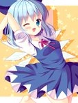  ;d barefoot blue_dress blue_eyes blue_hair bow breasts cirno dress hair_bow hazakura_satsuki highres ice ice_wings one_eye_closed open_mouth puffy_short_sleeves puffy_sleeves shirt short_sleeves small_breasts smile solo touhou v-shaped_eyebrows wings 