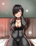  black_hair blush bodysuit breasts brown_eyes cleavage hair_over_one_eye large_breasts original short_hair skin_tight solo the_golden_smurf 