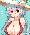  1girl aqua_background bangs bare_shoulders bespectacled between_breasts blush bracelet breasts covered_nipples finger_licking food food_on_body fruit glasses half_updo hat ice_cream jewelry large_breasts licking long_hair looking_at_viewer marshmallow_mille messy notice_lines open_mouth purple_eyes puzzle_&amp;_dragons rimless_eyewear silver_hair simple_background solo strawberry sun_hat sweat tongue tongue_out twitter_username upper_body urd_(p&amp;d) very_long_hair 