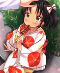  black_hair blush brown_eyes eating food hair_ornament hair_ribbon hand_on_another's_head ikayaki japanese_clothes kantai_collection kimono looking_up nagara_(kantai_collection) one_side_up out_of_frame petting ponytail ribbon short_hair sitting sk02 squid summer_festival tan tanline yukata 