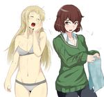  2girls bare_shoulders blonde_hair blush bra breasts brown_eyes brown_hair character_request cleavage collarbone duo female grey_panties ishikari_mina long_hair long_sleeves looking_at_another multiple_girls nexas open_mouth panties ring_dream short_hair simple_background sleeves_past_wrists sweater underwear white_background yawning 