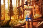 7theaven axe boxers_(clothing) clothing forest lumberjack male mammal melee_weapon muscular raccoon tree underwear weapon zigzagg 