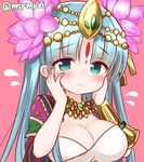  aqua_eyes bangs blue_hair blunt_bangs blush breasts circlet cleavage facial_mark flower flying_sweatdrops hair_flower hair_ornament hands_on_own_cheeks hands_on_own_face jewelry large_breasts marshmallow_mille necklace parvati_(p&amp;d) puzzle_&amp;_dragons solo twitter_username vambraces 