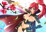  armor blush branch breasts bucchake_(asami) cape cleavage facial_mark flower grin highres large_breasts leaf long_hair mouth_hold oda_nobunaga_(sengoku_otome) petals ponytail red_hair sengoku_otome smile solo sword weapon yellow_eyes 