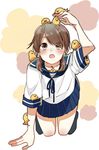  bangs bird blouse blunt_bangs brown_eyes brown_hair chick kantai_collection long_hair open_mouth pleated_skirt sailor_collar school_uniform serafuku shirayuki_(kantai_collection) skirt solo tanaka_io_(craftstudio) too_many too_many_chicks twintails 