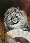  abstract_background ambiguous_gender cat fan feline fluffy fur green_eyes grey_fur holding inner_ear_fluff license_info looking_at_viewer louis_wain mammal nude pink_nose public_domain semi-anthro simple_background solo traditional_media_(artwork) whiskers 