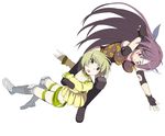  2girls black_gloves blonde_hair blush boots character_request collar collarbone duo female fighting fingerless_gloves gloves headband long_hair long_sleeves midriff multiple_girls naeumi_tomono open_mouth pink_eyes purple_eyes purple_hair ring_dream short_hair shorts simple_background tattoo tori0714 white_background 