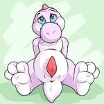  2015 3_toes animal_genitalia anthro anus arm_support barefoot belly blue_eyes cuckoo_(artist) erection front_view genital_slit hindpaw looking_at_viewer male mario_bros nintendo paws penis pink_scales scalie sitting slit soles solo tapering_penis toes video_games yoshi 