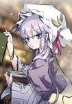  alternate_hair_length alternate_hairstyle blurry bob_cut book capelet carrying crescent depth_of_field dress long_sleeves looking_at_viewer noya_makoto patchouli_knowledge purple_eyes purple_hair short_hair solo striped striped_dress touhou wide_sleeves 